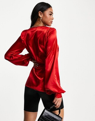 Femme Luxe drape wrap satin blouse in red - ShopStyle Tops