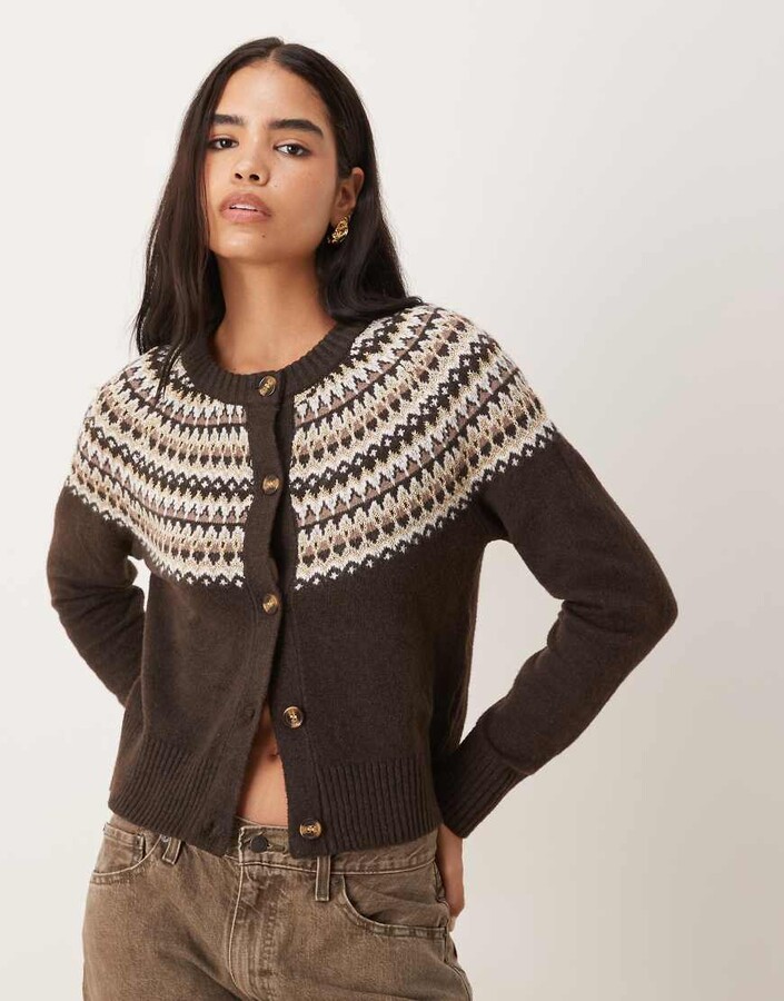 Threadbare crew neck cardigan with fairisle detail print in brown