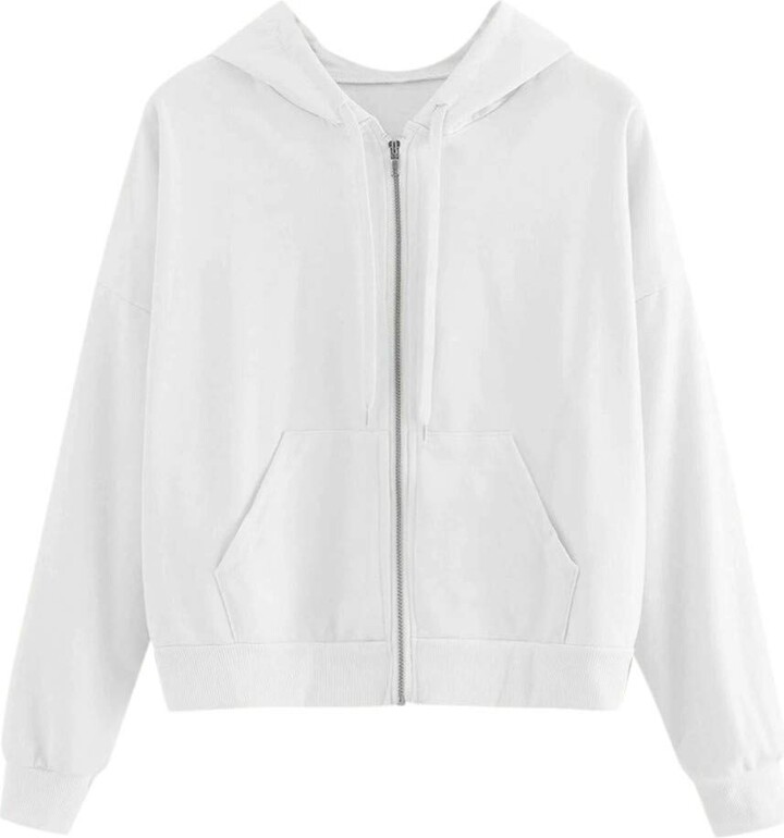 Whycat Cropped Hoodie Jacket Zip Up Hoodies for Women Long Sleeve Crop Top  Sweatshirts Teens Girls Pockets Casual Fashion Outwear Plain(White -  ShopStyle