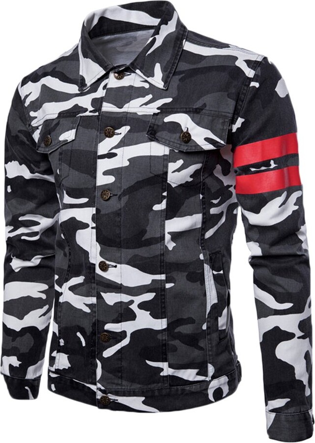 Arrested Development Mens Hooded Denim Jacket with Jersey Sleeves Stonewash Camouflage Black