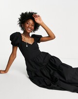 Thumbnail for your product : Stradivarius milkmaid poplin dress with puffed sleeves in black