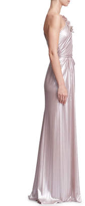 Marchesa 3-D Floral One-Shoulder Draped Evening Gown w/ Front Slit