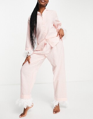 NIGHT gingham long pyjama set with detachable feather trims in white and pink