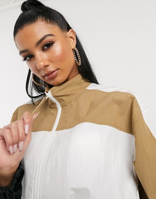 ASOS DESIGN cropped tracksuit jacket with colour blocking co-ord in camel