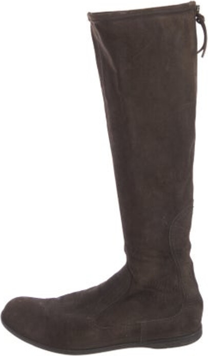 Miu Miu Suede Knee-High Riding Boots Brown Semi-Pointed Toes Exposed Zip Closure at Sides Size not listed, estimated from measurements. Designer