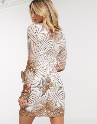 Goddiva plunge embellished sequin mini dress with long sleeves in rose gold