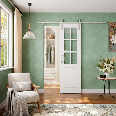 Win Stellar Modern White Primed And 6-Lite Clear Glass Sliding Barn Door With Nickel Plated Installation Hardware Kit(No Assembly Required)