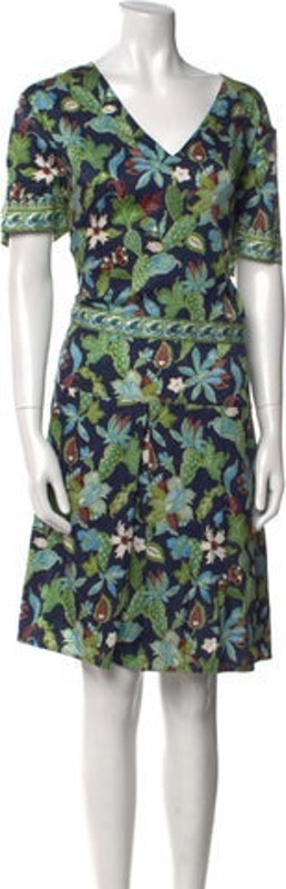 Tory Burch Silk Dress Blue Printed Pleated Accents Short Sleeve with V-Neck Concealed Zip Closure at Side Designer