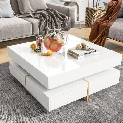 Latitude Run 31.5''X31.5'' High Gloss Coffee Table With Drawer Storage White For Living Space Modern Square 4 Drawers Gloss Particle Board 31.5''X31.5'' Whit