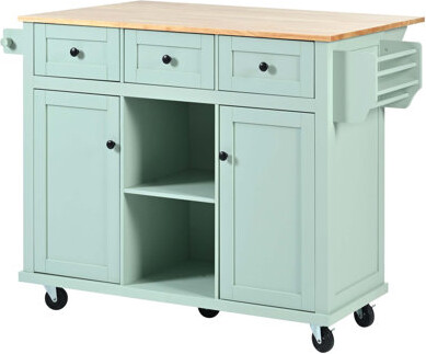 Kitchen Cart with Rubber wood Drop-Leaf Countertop ,Cabinet door internal storage racks,Kitchen Island on 5 Wheels with Storage Cabinet and 3 Drawers