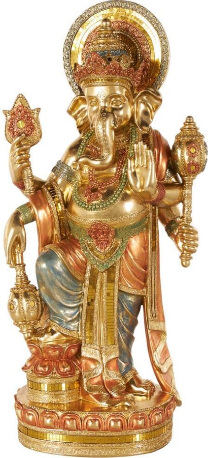 Litton Lane Gold 12 in. x 27 in. Resin Ganesh Sculpture with Green, Blue, and Red Accents