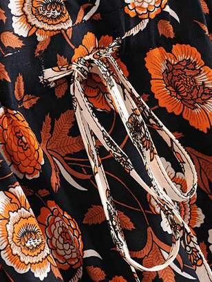 Shein Floral Print Random Belt Drawstring Waist Dress