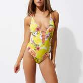 Thumbnail for your product : River Island Womens Yellow floral print strappy plunge swimsuit