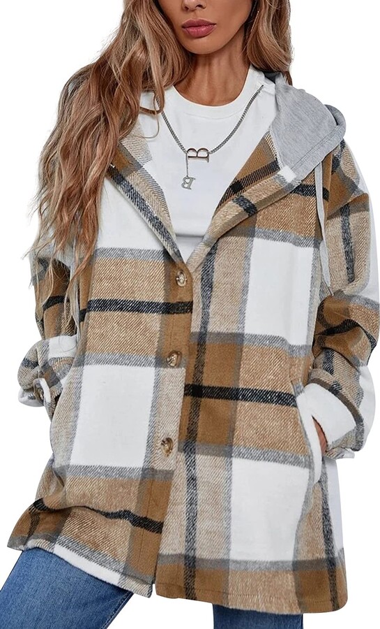 FEOYA Womens Plaid Shacket Button Down Drawstring Jacket Long Sleeve Hooded  Check Shirt Mid Length Checked Coat with Pocket Cotton Overshirt Khaki XXL  - ShopStyle