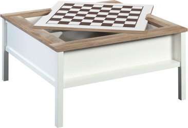 White Square Coffee And Gaming Table With Removable Chess Top, Hidden Lower Shelf, Oak Accent, Design, Easy Assembly, 38.94 Inches Square, 19.17 Tall