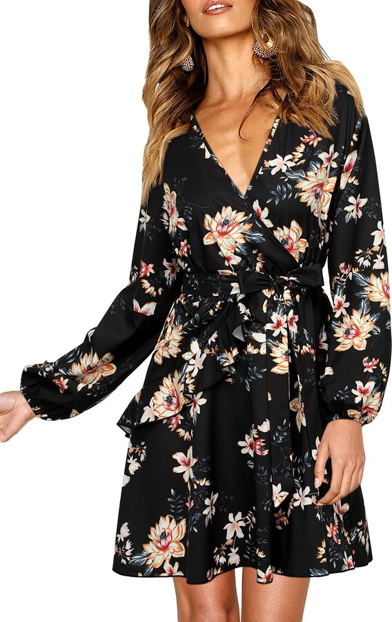 Enmain Women Long Sleeve Black V Neck Dress Floral Mini Swing Wrap