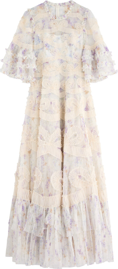 Needle & Thread Ophelia Floral-print Tulle Ruffled Maxi Gown