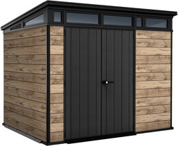 Keter Signature Collection Durable Resin Outdoor Storage Shed With Floor and Double Doors for Garden Patio Furniture and Tools, Pine