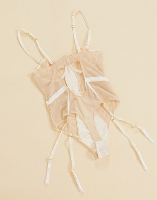 Figleaves Pimlico sheer mesh underwire bodysuit with detachable garters in ivory