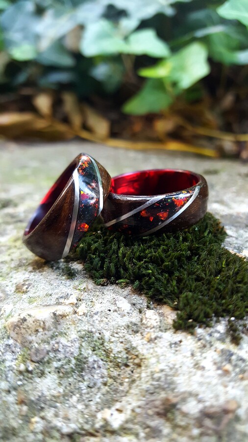 Fumed Eucalyptus With Crushed Ruby Opal & Black Tourmaline On Red Epoxy Core Bentwood Ring, Wood Ring For Men, Women