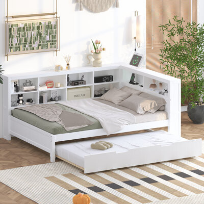 Hokku Designs Elegant Wooden Full Size Daybed With Twin Size Trundle – Stylish Daybed With Storage Shelf And USB Charging Ports Available White