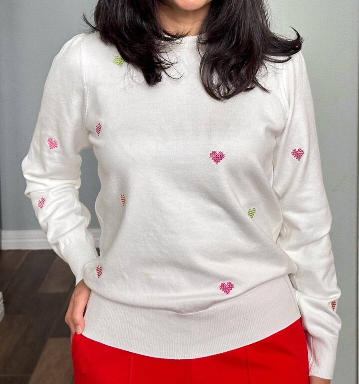 Fate Cross-Stitch Heart Pullover Sweater In Cream