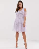Thumbnail for your product : Frock And Frill Plus Embellished Skater Dress With Ruffle Cold Shoulder