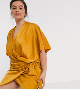 Thumbnail for your product : ASOS DESIGN Curve wrap kimono mini dress with tie waist in ochre
