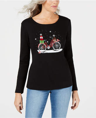 Karen Scott Cotton Embellished Holiday Bicycle Top