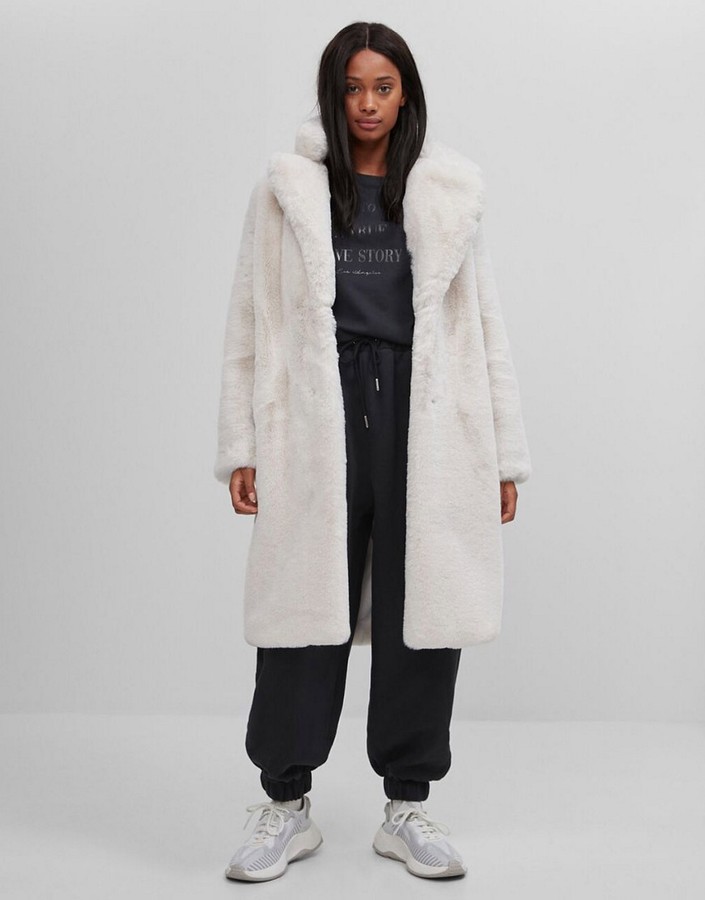 Bershka long faux fur coat in ecru - ShopStyle