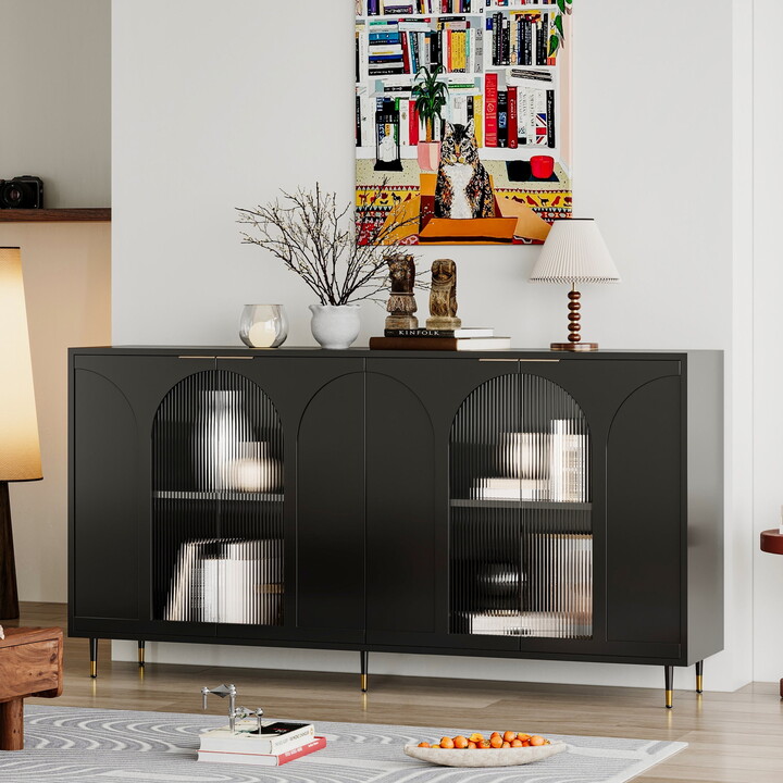 Noble House Black Accent Sideboard with Tempered Fluted Glass Doors, Adjustable Shelves & Metal Base, Black