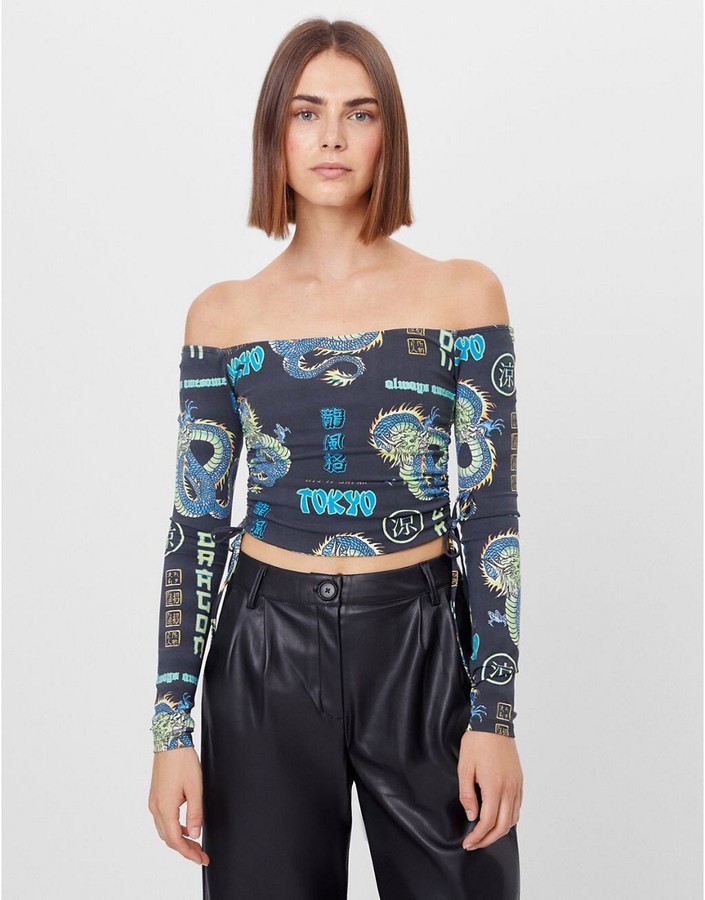 Bershka ruched top in dragon print - ShopStyle