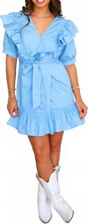 Karlie Solid Poplin Wrap Ruffle Mini Dress In Blue