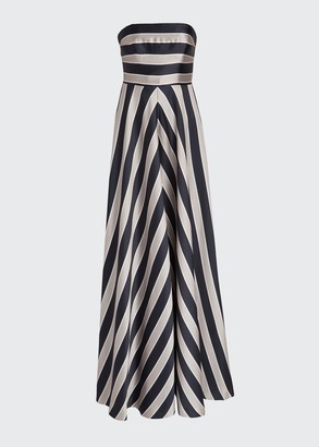 Halston Tricolor Stripe Print Duchess Satin Strapless Gown