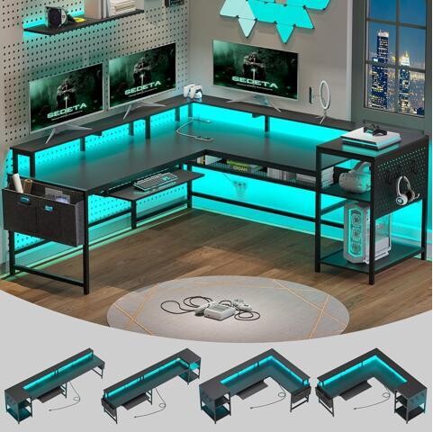 KINGARD SEDETA L Shaped Gaming Desk, Reversible Computer Desk, Gaming Desk with Power Outlets & LED Strip, Monitor Shelf, Keyboard Tray, Pegboard and...