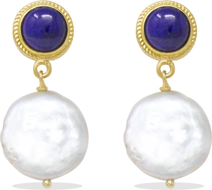Vintouch Italy Blue / Gold Roma Lapis And Keshi Pearl Earrings