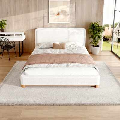 Latitude Run Queen Size Bed Frame With Boucle Upholstered Curved Headboard, Solid Wood Base, White