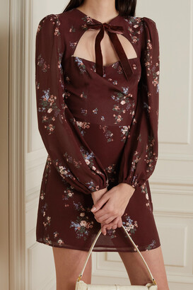 Reformation Terri Velvet-trimmed Cutout Floral-print Georgette Mini Dress - Burgundy
