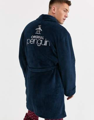 Penguin mens robe with embroidered back in navy