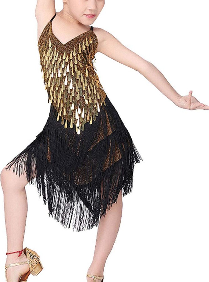 YAOTT Girls Adjustable Strap Sparkling Sequin Fringe Latin Dance Party