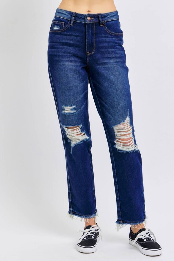 Judy Blue High-Waisted Rigid Magic Heavy Destroy Straight Leg Jeans In Dark Wash