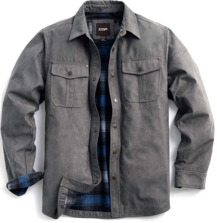 CQR Men's Flannel Lined Shirt Jackets Long Sleeved Rugged Plaid Cotton Brushed Suede Shirt Jacket 