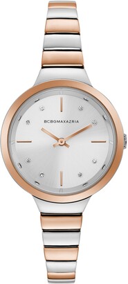 BCBGMAXAZRIA Ladies Two Tone Rose GoldTone Bracelet Watch with Silver Dial, 34mm
