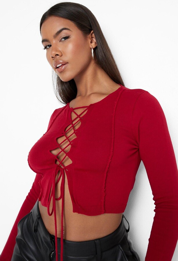 boohoo Exposed Seam Knitted Lace Up Long Sleeve Top - ShopStyle