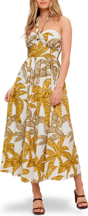 Palm Tree Halter Neck Cotton Maxi Dress