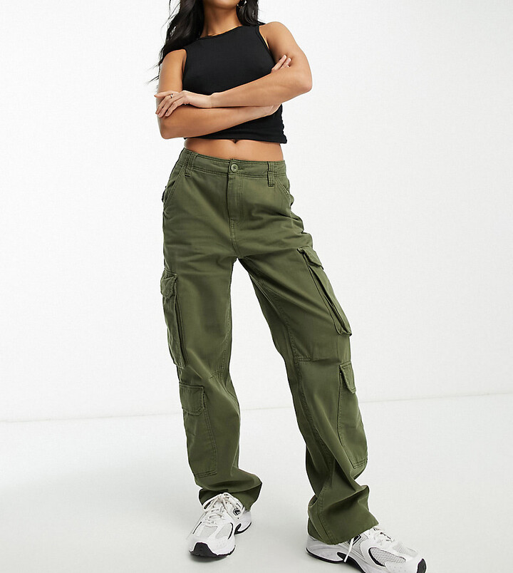 Bershka Petite drawstring waist cargo pants in khaki - ShopStyle Trousers