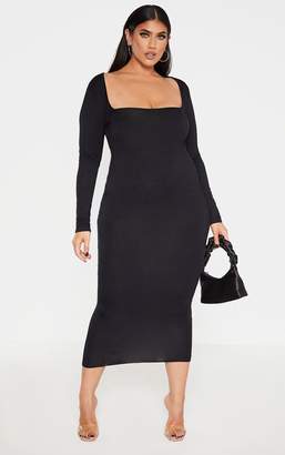 PrettyLittleThing Plus Black Jersey Long Sleeve Midi Dress