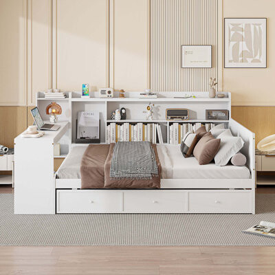 Latitude Run Wooden Daybed with 3 DrawersUSB Ports and desk