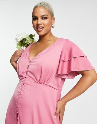 Little Mistress Plus Bridesmaid satin maxi dress with flutter sleeves in dark pink