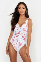 Thumbnail for your product : boohoo Petite Pastel Floral Scallop Lace Up Swimsuit